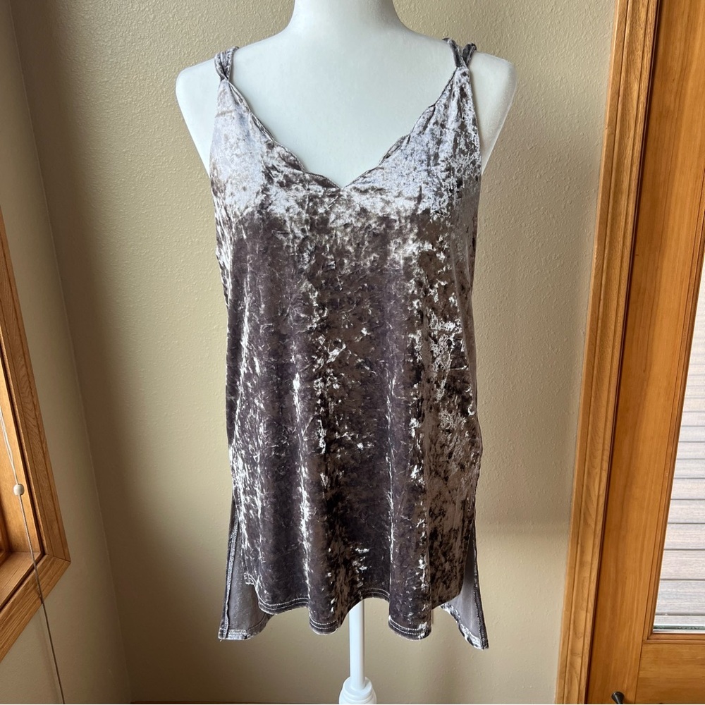 Umgee Velour Velvet Tank Top Tunic Womens S Crushed Platinum Gray Scalloped Boho